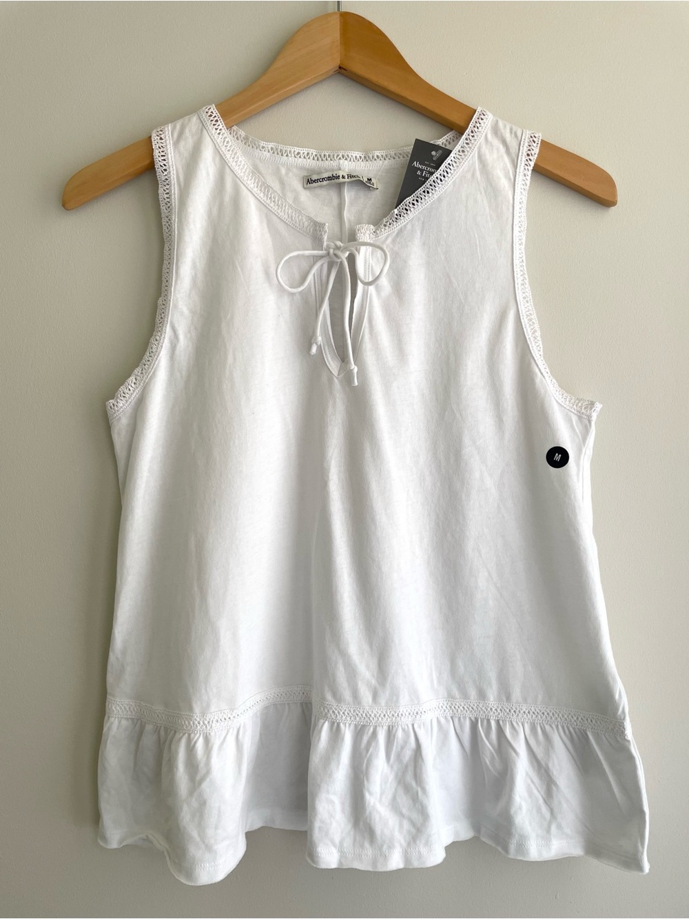 Abercrombie & Fitch Cotton White Tie-Neck Sleeveless Ruffle-Hem Top